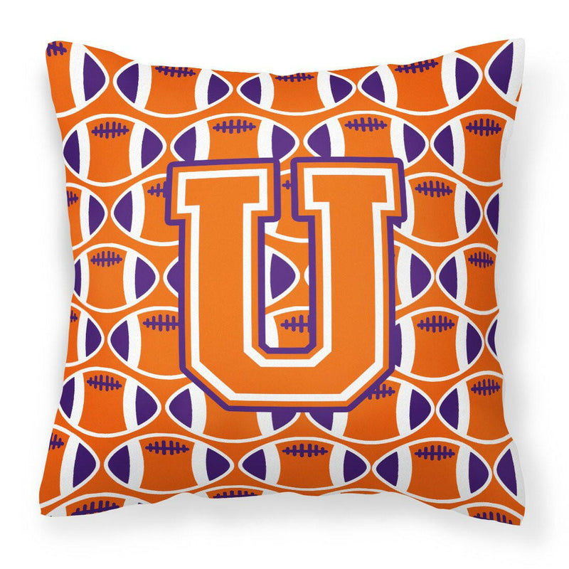 Letter U Football Orange, White and Regalia Fabric Decorative Pillow CJ1072-UPW1414