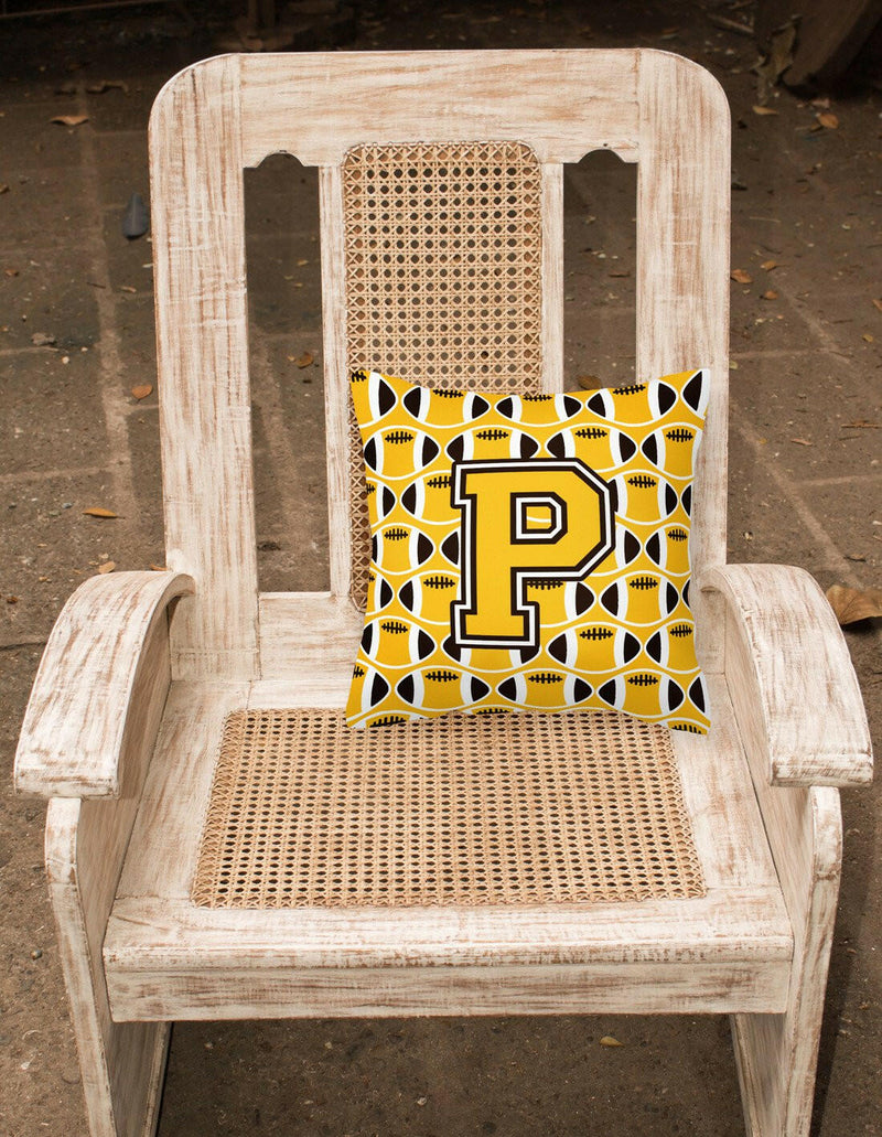 Letter P Football Black, Old Gold and White Fabric Decorative Pillow CJ1080-PPW1414