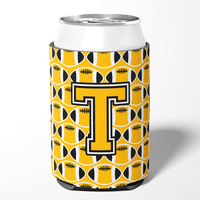 Letter T Football Black, Old Gold and White Can or Bottle Hugger CJ1080-TCC