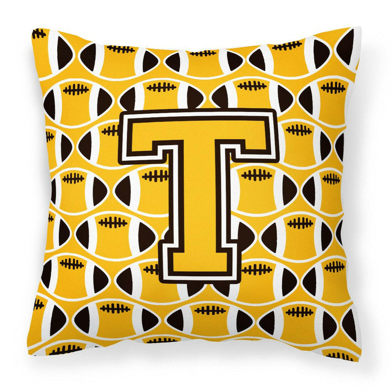 Letter T Football Black, Old Gold and White Fabric Decorative Pillow CJ1080-TPW1414