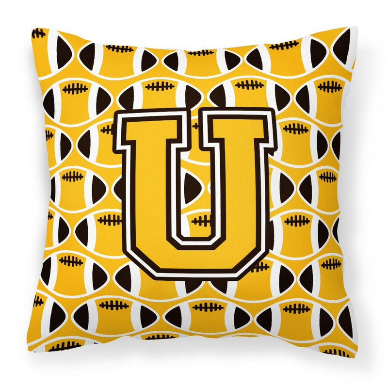 Letter U Football Black, Old Gold and White Fabric Decorative Pillow CJ1080-UPW1414