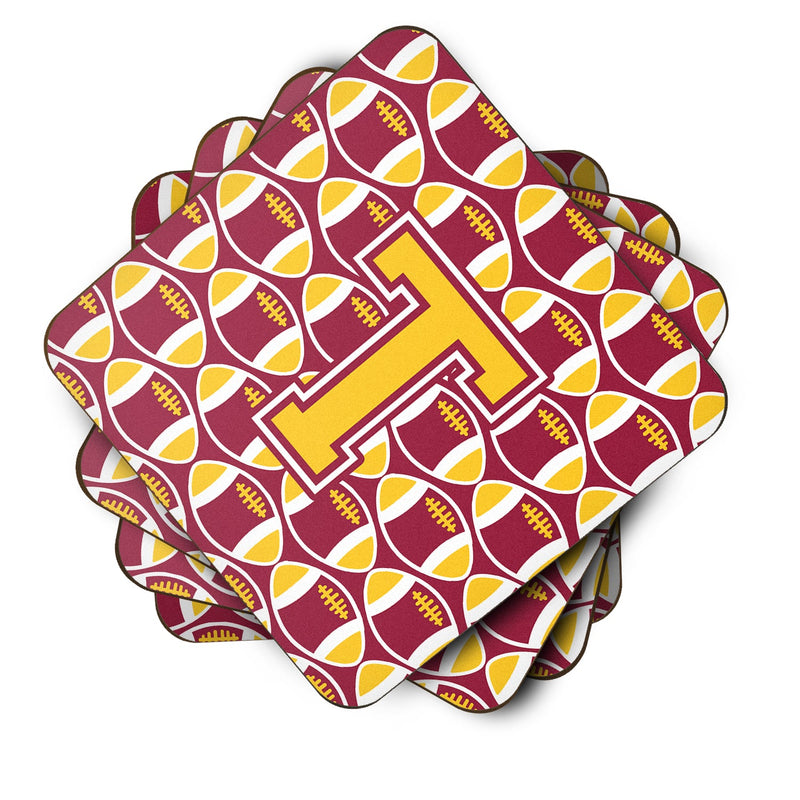 Letter T Football Maroon and Gold Foam Coaster Set of 4 CJ1081-TFC