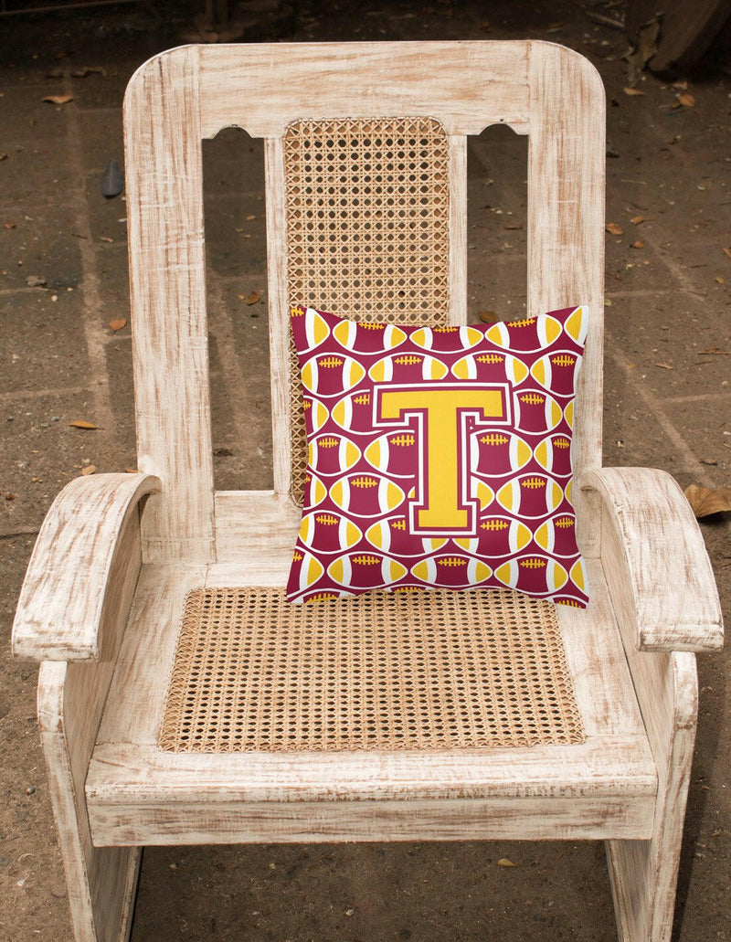 Letter T Football Maroon and Gold Fabric Decorative Pillow CJ1081-TPW1414