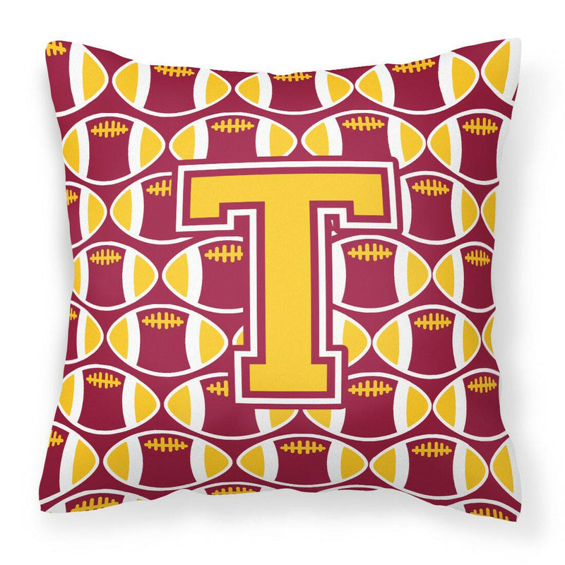 Letter T Football Maroon and Gold Fabric Decorative Pillow CJ1081-TPW1414