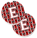 Letter E Football Cardinal and White Set of 2 Cup Holder Car Coasters CJ1082-ECARC