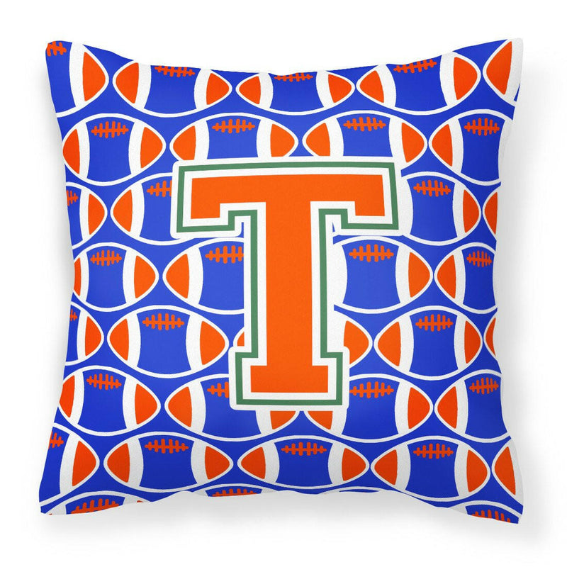 Letter T Football Green, Blue and Orange Fabric Decorative Pillow CJ1083-TPW1414