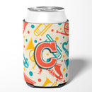 Letter C Retro Teal Orange Musical Instruments Initial Can or Bottle Hugger Cooler Sleeve for Standard 12 oz Cans, Insulated Foam Beer & Soda Can Hugger Reusable