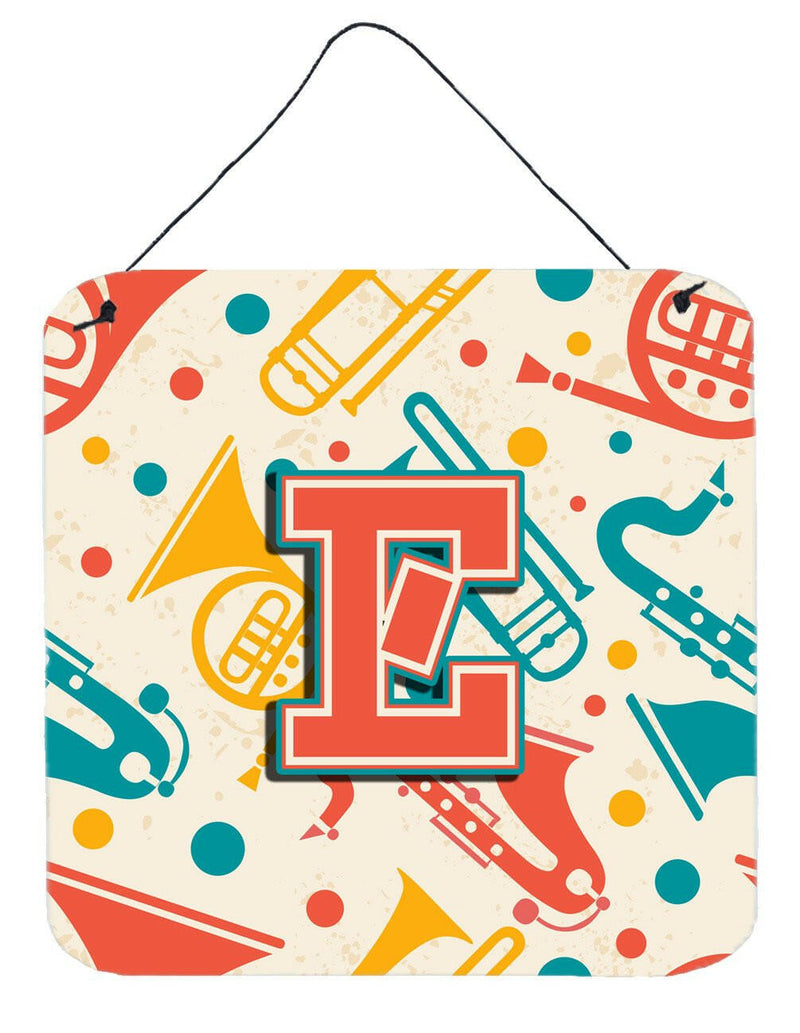 Letter E Retro Teal Orange Musical Instruments Initial Wall or Door Hanging Prints CJ2001-EDS66