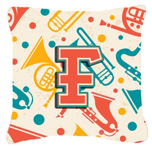 Letter F Retro Teal Orange Musical Instruments Initial Canvas Fabric Decorative Pillow