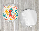 Letter I Retro Teal Orange Musical Instruments Initial Compact Mirror Decorative Travel Makeup Mirror for Women Girls Gifts Pocket Makeup Mirror Folding Handheld