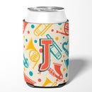 Letter J Retro Teal Orange Musical Instruments Initial Can or Bottle Hugger Cooler Sleeve for Standard 12 oz Cans, Insulated Foam Beer & Soda Can Hugger Reusable