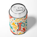 Letter J Retro Teal Orange Musical Instruments Initial Can or Bottle Hugger Cooler Sleeve for Standard 12 oz Cans, Insulated Foam Beer & Soda Can Hugger Reusable