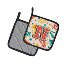 Letter N Retro Teal Orange Musical Instruments Initial Pot Holder Set of 2 Heat Resistant Quilted Hot Pads 7.5 x 7.5 Inch, Insulated Kitchen Trivets for Cooking & Baking