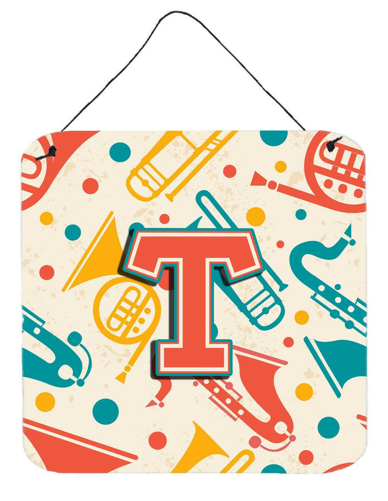 Letter T Retro Teal Orange Musical Instruments Initial Wall or Door Hanging Prints CJ2001-TDS66