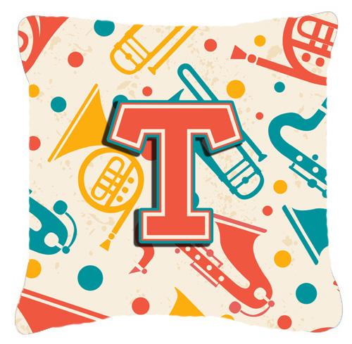 Letter T Retro Teal Orange Musical Instruments Initial Canvas Fabric Decorative Pillow