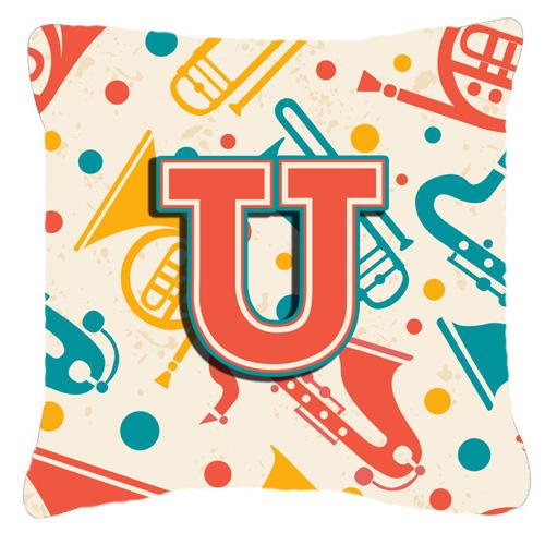 Letter U Retro Teal Orange Musical Instruments Initial Canvas Fabric Decorative Pillow