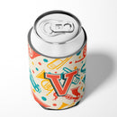 Letter V Retro Teal Orange Musical Instruments Initial Can or Bottle Hugger Cooler Sleeve for Standard 12 oz Cans, Insulated Foam Beer & Soda Can Hugger Reusable