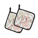 Letter D Love in Paris Pink Pot Holder Set of 2 Heat Resistant Quilted Hot Pads 7.5 x 7.5 Inch, Insulated Kitchen Trivets for Cooking & Baking