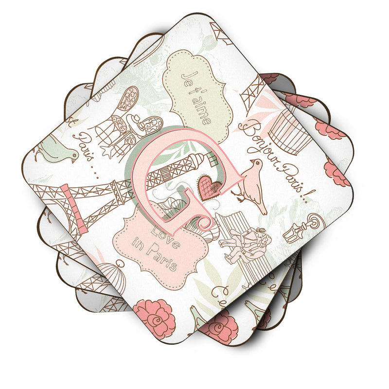 Letter G Love in Paris Pink Coasters - Set of 4 Lightweight Foam, Absorbent Drink Coasters CJ2002-GFC