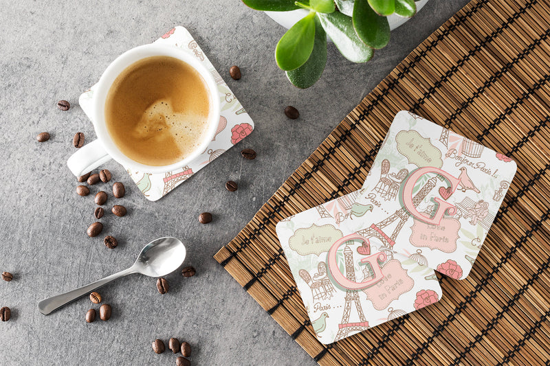 Letter G Love in Paris Pink Coasters - Set of 4 Lightweight Foam, Absorbent Drink Coasters CJ2002-GFC