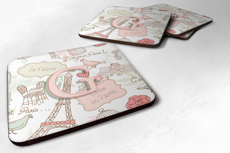 Letter G Love in Paris Pink Coasters - Set of 4 Lightweight Foam, Absorbent Drink Coasters CJ2002-GFC