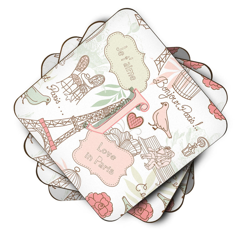Letter J Love in Paris Pink Coasters - Set of 4 Lightweight Foam, Absorbent Drink Coasters CJ2002-JFC