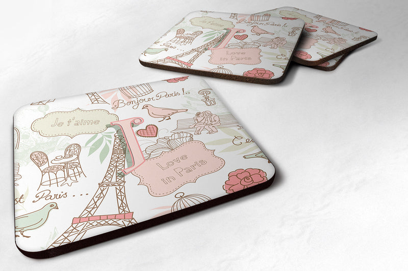 Letter J Love in Paris Pink Coasters - Set of 4 Lightweight Foam, Absorbent Drink Coasters CJ2002-JFC