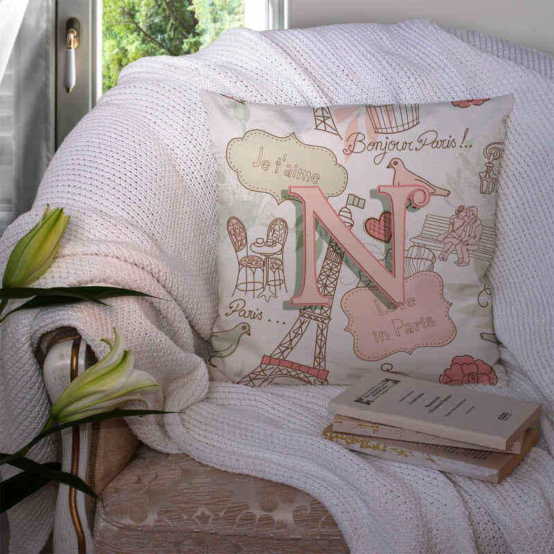 Letter N Love in Paris Pink Canvas Throw Pillow - 14x14 Decorative Pillow – Art for Your Home & Patio CJ2002-NPW1414