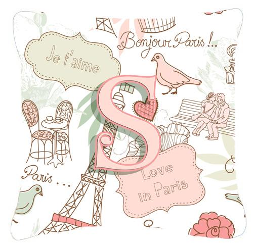 Letter S Love in Paris Pink Canvas Fabric Decorative Pillow