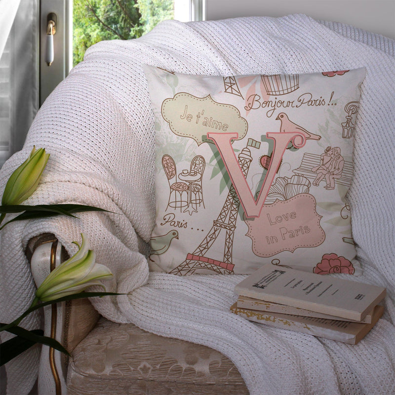 Letter V Love in Paris Pink Canvas Throw Pillow - 14x14 Decorative Pillow – Art for Your Home & Patio CJ2002-VPW1414