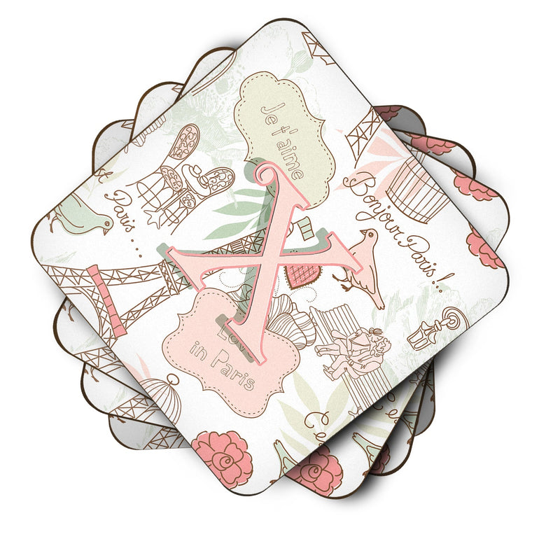 Letter X Love in Paris Pink Coasters - Set of 4 Lightweight Foam, Absorbent Drink Coasters CJ2002-XFC