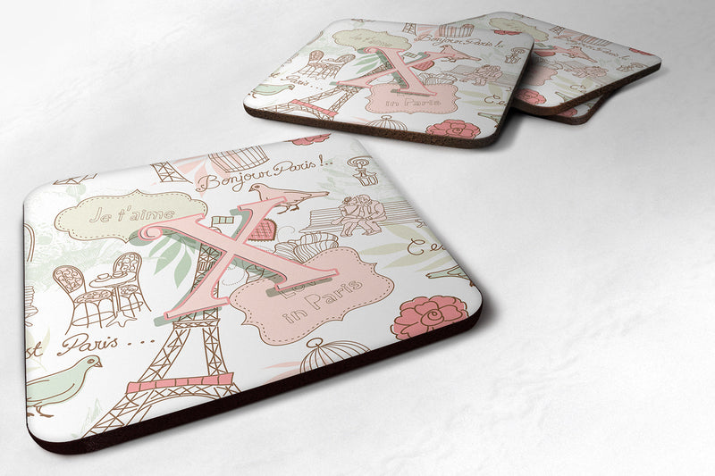 Letter X Love in Paris Pink Coasters - Set of 4 Lightweight Foam, Absorbent Drink Coasters CJ2002-XFC