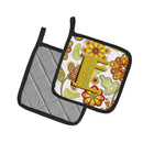 Letter E Floral Mustard and Green Pot Holder Set of 2 Heat Resistant Quilted Hot Pads 7.5 x 7.5 Inch, Insulated Kitchen Trivets for Cooking & Baking