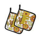 Letter E Floral Mustard and Green Pot Holder Set of 2 Heat Resistant Quilted Hot Pads 7.5 x 7.5 Inch, Insulated Kitchen Trivets for Cooking & Baking