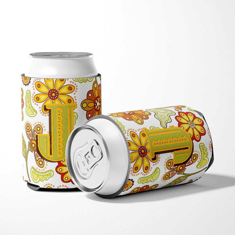 Letter J Floral Mustard and Green Can or Bottle Hugger CJ2003-JCC