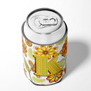 Letter K Floral Mustard and Green Can or Bottle Hugger Cooler Sleeve for Standard 12 oz Cans, Insulated Foam Beer & Soda Can Hugger Reusable