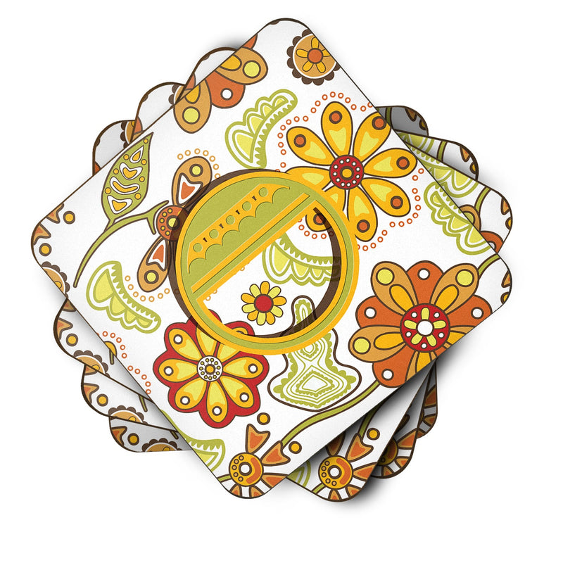 Set of 4 Letter O Floral Mustard and Green Foam Coasters CJ2003-OFC