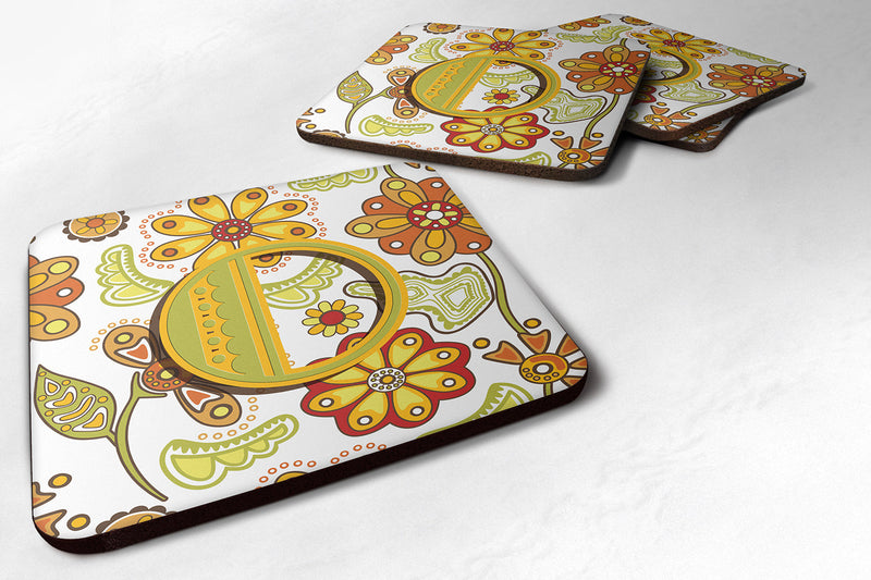 Set of 4 Letter O Floral Mustard and Green Foam Coasters CJ2003-OFC