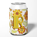 Letter R Floral Mustard and Green Can or Bottle Hugger Cooler Sleeve for Standard 12 oz Cans, Insulated Foam Beer & Soda Can Hugger Reusable