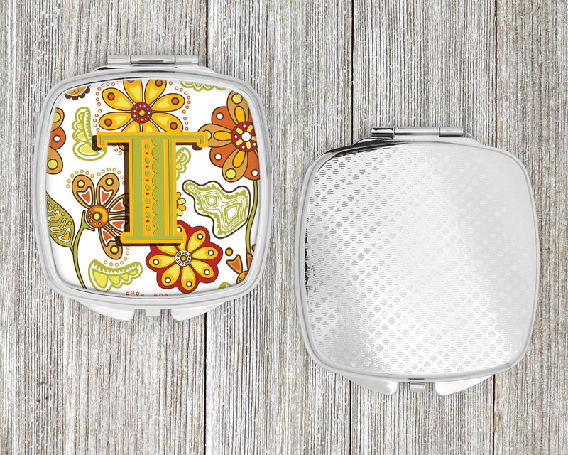 Letter T Floral Mustard and Green Compact Mirror CJ2003-TSCM