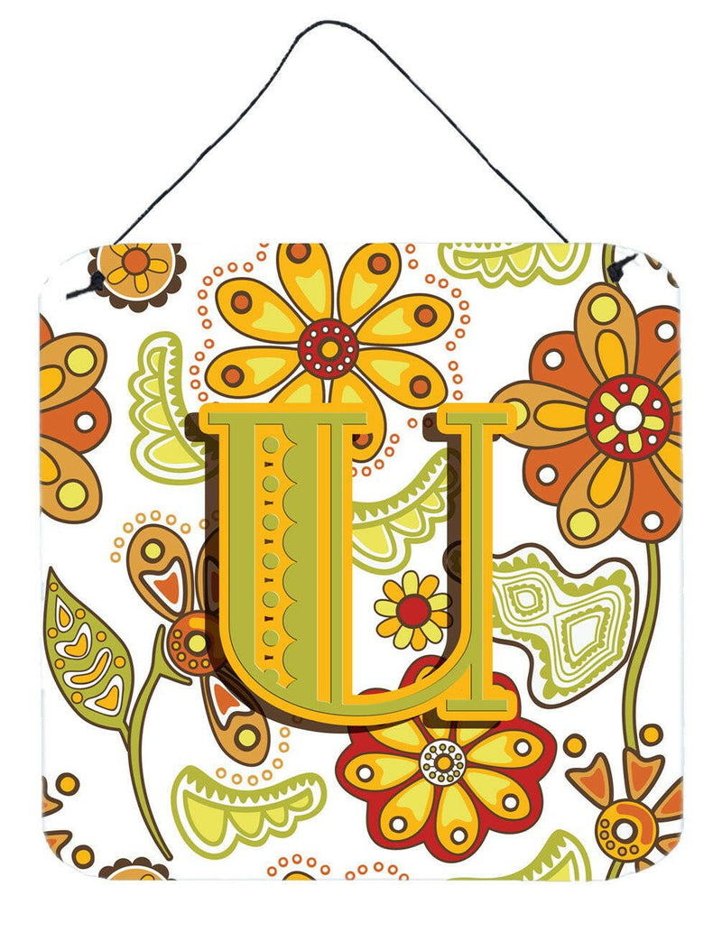 Letter U Floral Mustard and Green Wall or Door Hanging Prints CJ2003-UDS66