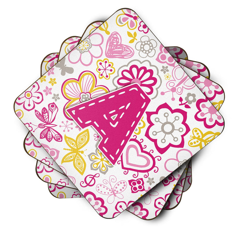 Set of 4 Letter A Flowers and Butterflies Pink Foam Coasters CJ2005-AFC