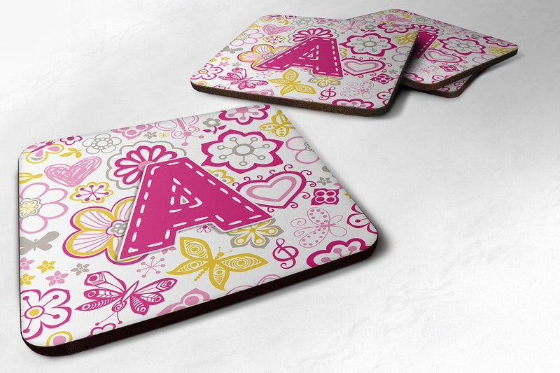 Set of 4 Letter A Flowers and Butterflies Pink Foam Coasters CJ2005-AFC