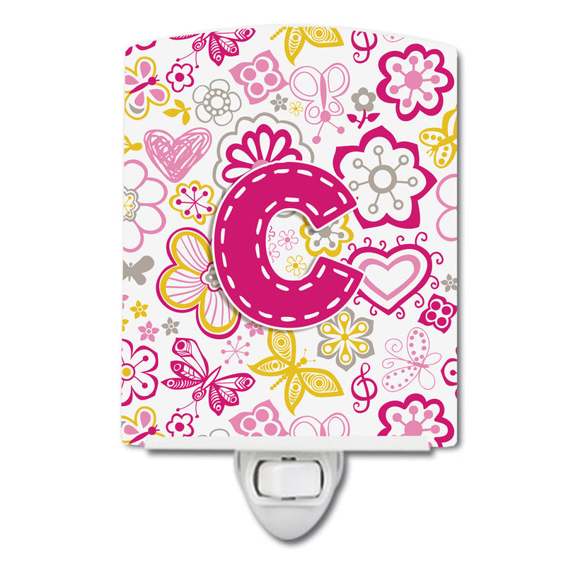 Letter C Flowers and Butterflies Pink Ceramic Night Light CJ2005-CCNL