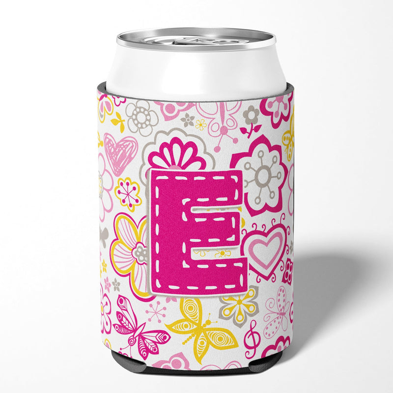 Letter E Flowers and Butterflies Pink Can or Bottle Hugger CJ2005-ECC