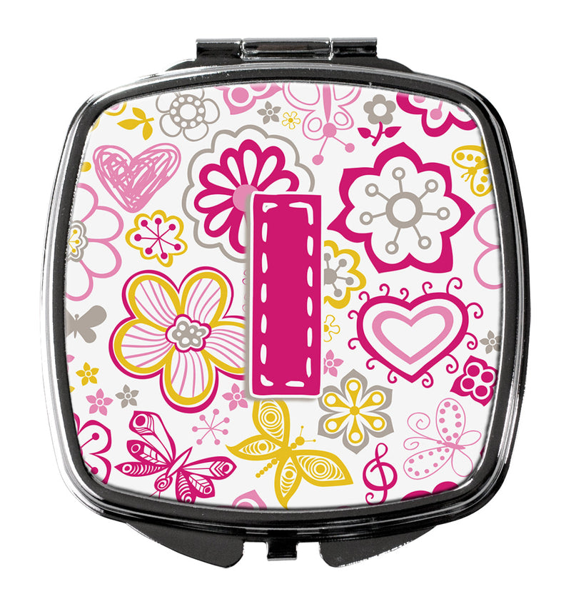 Letter I Flowers and Butterflies Pink Compact Mirror CJ2005-ISCM