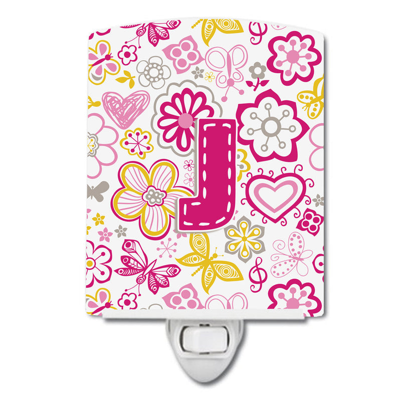 Letter J Flowers and Butterflies Pink Ceramic Night Light CJ2005-JCNL