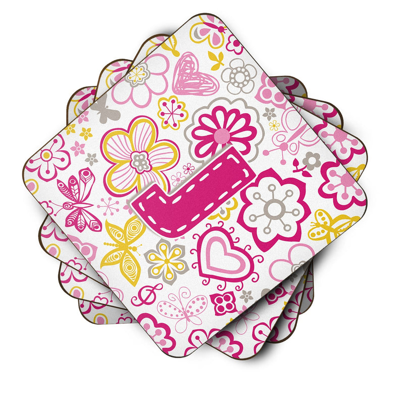 Set of 4 Letter J Flowers and Butterflies Pink Foam Coasters CJ2005-JFC