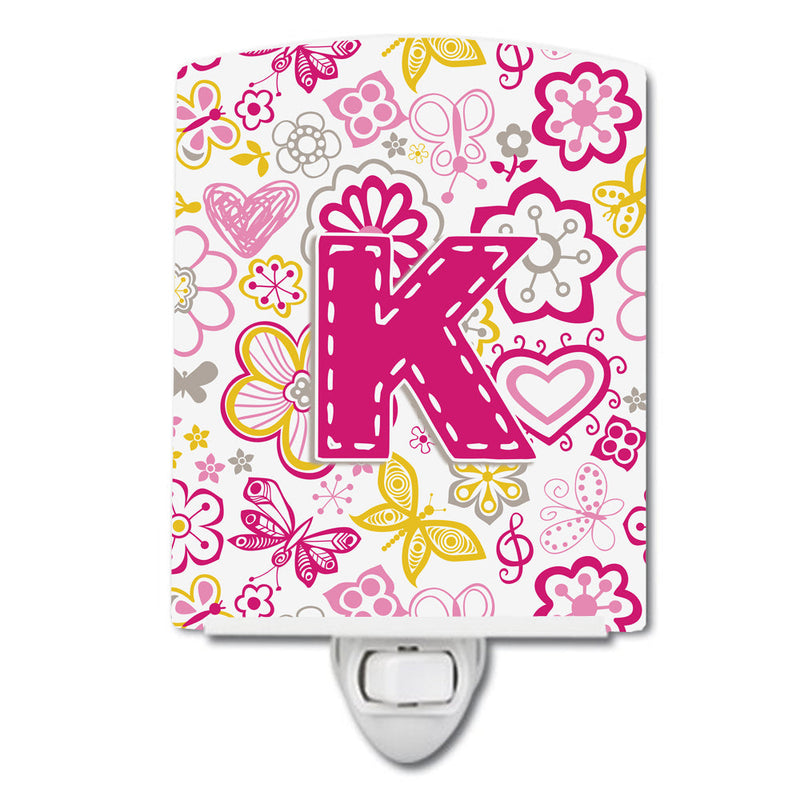 Letter K Flowers and Butterflies Pink Ceramic Night Light CJ2005-KCNL