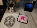 Letter K Flowers and Butterflies Pink Pot Holder Set of 2 Heat Resistant Quilted Hot Pads 7.5 x 7.5 Inch, Insulated Kitchen Trivets for Cooking & Baking